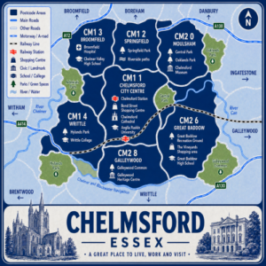 Illustrated blue and white vintage-style map poster of Chelmsford, Essex, showing CM postcode areas including CM1 Chelmsford City Centre, Broomfield, Springfield, Writtle, Moulsham, Great Baddow, and Galleywood. The map includes major roads such as the A12, A130, A414, and A138, railway lines, Chelmsford Station, parks, rivers, shopping areas, schools, and landmarks such as Chelmsford Cathedral, Anglia Ruskin University, Chelmsford Museum, Hylands Park, Central Park, and Galleywood Common. A large title panel at the bottom reads “CHELMSFORD ESSEX” with decorative illustrations of Chelmsford Cathedral and a historic civic building.