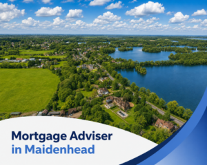 Bright summer aerial view of Maidenhead with blue lakes, tree-lined roads, large detached homes, green countryside and realistic white clouds, with branded blue and white graphics reading “Mortgage Adviser in Maidenhead”.
