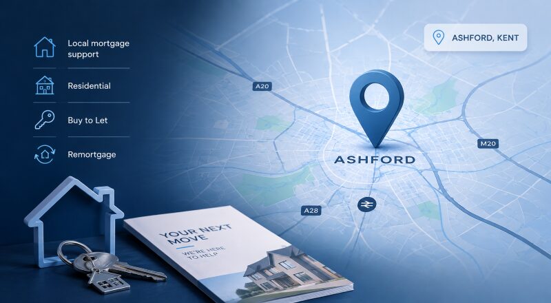 Mortgage Broker in Ashford, Kent with local mortgage support, residential, buy-to-let and remortgage services illustrated with a location map and property icons.