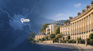Mortgage Broker in Bath location map with Bath stone Georgian properties and residential streets.