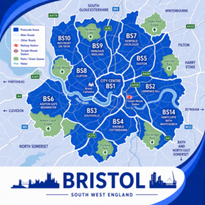 A square, blue-themed postcode map of Bristol in South West England, styled with curved branded borders. The map highlights postcode areas including BS1, BS2, BS3, BS4, BS5, BS6, BS7, BS8, BS9, BS10, and BS14. Major roads such as the M5, M32, A4, A38, A370, A420, and A4320 are labelled. Bristol city centre (BS1) is marked near the middle, with Temple Meads Station indicated. The River Avon winds through the city. Surrounding areas such as Clifton, Redland, Easton, Southville, Bedminster, and Horfield are labelled. Green spaces including Ashton Court Estate, Leigh Woods, Victoria Park, Stoke Park Estate, and Eastville Park are shown in green. The design uses layered blue tones with white text and clean boundary lines for clarity.