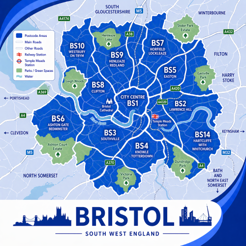 A square, blue-themed postcode map of Bristol in South West England, styled with curved branded borders. The map highlights postcode areas including BS1, BS2, BS3, BS4, BS5, BS6, BS7, BS8, BS9, BS10, and BS14. Major roads such as the M5, M32, A4, A38, A370, A420, and A4320 are labelled. Bristol city centre (BS1) is marked near the middle, with Temple Meads Station indicated. The River Avon winds through the city. Surrounding areas such as Clifton, Redland, Easton, Southville, Bedminster, and Horfield are labelled. Green spaces including Ashton Court Estate, Leigh Woods, Victoria Park, Stoke Park Estate, and Eastville Park are shown in green. The design uses layered blue tones with white text and clean boundary lines for clarity.