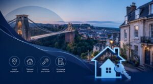 Mortgage Broker in Bristol with Clifton Suspension Bridge, local property icons and blue house and key graphics