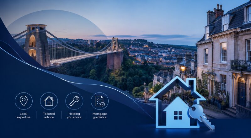 Mortgage Broker in Bristol with Clifton Suspension Bridge, local property icons and blue house and key graphics