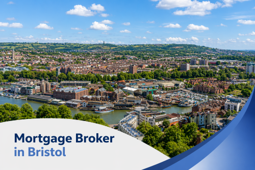 A bright, high-resolution aerial view of Bristol on a clear summer’s day, featuring a busy harbour with boats, surrounding residential buildings, and lush green hills in the background under a vivid blue sky with realistic scattered clouds. A clean curved white and blue banner overlays the bottom with the text Mortgage Broker in Bristol.