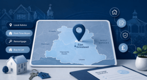 Mortgage Broker in East Grinstead location map showing East Grinstead in West Sussex with property and mortgage icons.