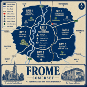 Illustrated blue and cream vintage-style map poster of Frome, Somerset, showing BA11 postcode areas including BA11 1 Frome Town Centre, BA11 2 Trinity and Welshmill, BA11 3 Fromefield and Stonebridge, BA11 4 Berkley and Easthill, BA11 5 Keyford and Marston Gate, BA11 6 Critchill and Badgers Hill, and BA11 7 The Mount and Innox Hill. The map includes major roads such as the A361, A362, B3090 and B3092, the railway line and Frome station, the River Frome, parks and green spaces, and landmarks including St John the Baptist Church, The Cheese and Grain, Frome Museum, Black Swan Arts, Catherine Hill, Cheap Street, Selwood School and Frome Community College. A large title panel at the bottom reads “FROME SOMERSET” with decorative illustrations of St John the Baptist Church and The Cheese and Grain.