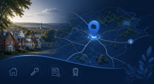Mortgage Broker in Haywards Heath location map showing residential homes, local road connections, rail links and property icons in Connect Experts blue branding.