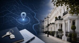 Mortgage Broker in Kensington location map with elegant residential properties, house keys and mortgage documents.