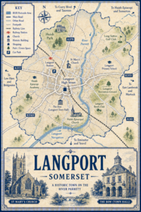 Mortgage Broker in Langport Illustrated blue and cream vintage-style map poster of Langport, Somerset, showing the BS18 postcode area with local roads, footpaths, railway line, car parks, green spaces and the River Parrett. The map highlights Langport High Street, St Mary’s Church, The Bow, also labelled as Langport Town Hall, Huish Park, Long Sutton Golf Club, Langport Primary School, Huish Episcopi Academy, Langport Recreation Ground, Langport Bowls Club, Huish Episcopi Church and Langport Navigation. A large title panel at the bottom reads “LANGPORT SOMERSET” with decorative illustrations of St Mary’s Church, The Bow and a small river bridge scene.