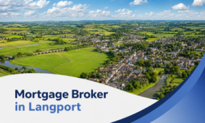 Promotional banner featuring a bright summer aerial view of Langport with green fields, a winding river, and the town in the distance beneath realistic clouds, styled with a curved white lower panel and blue brand accents, with the title “Mortgage Broker in Langport” in two-tone blue text.