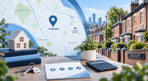 Mortgage Broker in Longsight with location map, red-brick homes, house keys and mortgage planning icons