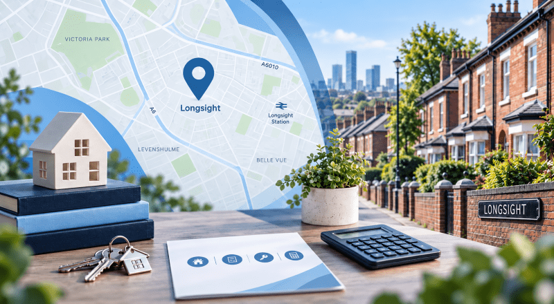 Mortgage Broker in Longsight with location map, red-brick homes, house keys and mortgage planning icons