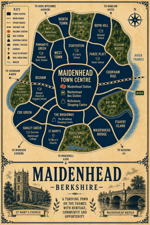 Vintage illustrated map poster of Maidenhead, Berkshire, with a cream parchment background and dark navy neighbourhood areas centred on Maidenhead Town Centre. The map shows labelled roads, railway line, Maidenhead Station, Maidenhead Bus Station, shopping centres, schools, churches, parks, green spaces and the River Thames. Surrounding areas include Boyn Hill, Furze Platt, St Mark’s, Altwood, Salt Hill, Norreys, Courtlands and Shoppenhangers Road. Key landmarks include Nicholsons Shopping Centre, O’Neill’s Shopping Centre, Maidenhead Heritage Centre, Kidwells Park, Maidenhead Thameside Common, Bisham Bird Sanctuary, Cliveden Reach, St Mark’s Church, All Saints Church, Furze Platt Senior School, Newlands Girls’ School and Desborough College. A decorative lower panel reads “MAIDENHEAD, BERKSHIRE” with engraved-style illustrations of All Saints Church and Maidenhead Bridge, plus the subtitle “A vibrant town on the Thames with heritage, community and opportunity.”