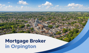 Promotional banner showing a bright summer aerial view of Orpington with realistic white clouds, blue curved graphic accents, and the text “Mortgage Broker in Orpington”.