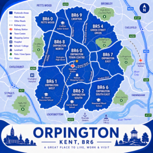 A square, blue-themed postcode map of Orpington in Kent, styled with curved branded borders. The map highlights postcode area BR6, including subdivisions such as BR6 0, BR6 1, BR6 2, BR6 4, BR6 6, BR6 7, BR6 8, and BR6 9. Major roads such as the A224, A232, A208, and nearby M25 are labelled, along with key routes like Sevenoaks Road, Crofton Road, and Station Road. Orpington town centre is marked near the middle, with Orpington Station indicated. Landmarks such as The Walnuts Shopping Centre, Orpington Hospital, and local schools are shown. Nearby areas including Petts Wood, Bromley, Chislehurst, Locksbottom, and Farnborough are labelled. Green spaces such as Goddington Park, Scadbury Park, Priory Gardens, and High Elms Country Park are shown in green, with the River Cray running through the area. The design uses layered blue tones with white text and clean boundary lines for clarity.