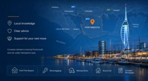Mortgage Broker in Portsmouth hero image featuring a local Portsmouth map, location pin, Spinnaker Tower, harbour waterfront and mortgage advice icons.