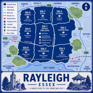 A square, blue-themed postcode map of Rayleigh in Essex, styled with curved branded borders. The map highlights postcode area SS6, including subdivisions such as SS6 0 (Littlebury), SS6 1 (Rayleigh town centre), SS6 2 (South Rayleigh), SS6 3 (Weir), SS6 5 (Rochford Road), SS6 6 (Eastwood), SS6 7 (Hutton), SS6 8 (Rawreth), and SS6 9 (Bull Lane). Major roads such as the A127, A130, A1015, and A1158 are labelled. Rayleigh town centre is marked near the middle, with Rayleigh Station and nearby Southend Airport Station indicated. Key landmarks such as The FitzWimarc Shopping Centre, Rayleigh Town Hall, Rayleigh Library, and local schools are shown. Nearby areas including Rochford, Hockley, Eastwood, Rawreth, and South Woodham Ferrers are labelled. Green spaces such as King George’s Playing Field, Rayleigh Mount, Cherry Orchard Country Park, and Rochford Recreation Ground are shown in green, with the River Roach and Ray Sand along the southern edge. The design uses layered blue tones with white text and clean boundary lines for clarity.