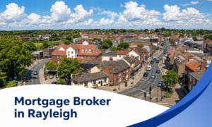 Mortgage Broker in Rayleigh banner showing a bright summer town-centre view with curving roads, shops, brick buildings, parked cars, and realistic fluffy clouds, framed by a white curved text panel and blue wave graphics.