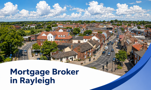 Mortgage Broker in Rayleigh banner showing a bright summer town-centre view with curving roads, shops, brick buildings, parked cars, and realistic fluffy clouds, framed by a white curved text panel and blue wave graphics.
