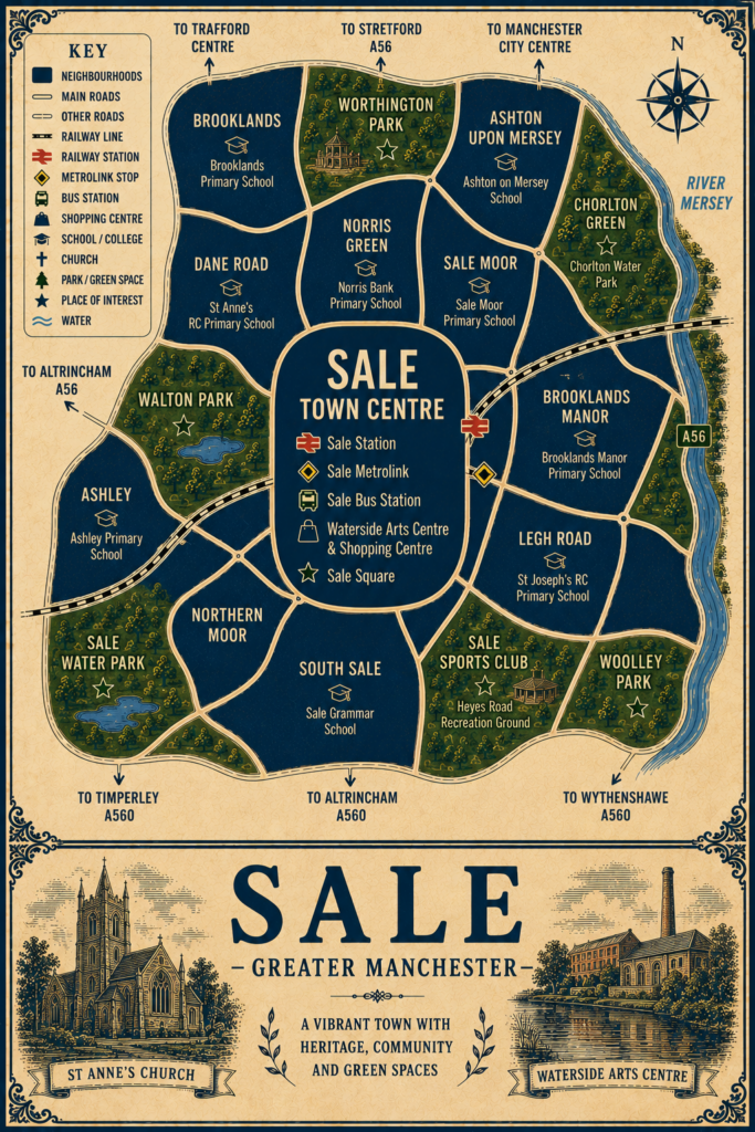 Vintage illustrated map poster of Sale, Greater Manchester, with a cream parchment background and dark navy neighbourhood areas centred on Sale Town Centre. The map shows labelled roads, railway line, Sale Station, Sale Metrolink, Sale Bus Station, shopping centre, schools, churches, parks, green spaces and the River Mersey. Surrounding areas include Brooklands, Dane Road, Ashton upon Mersey, Sale Moor, Brooklands Manor, Leigh Road, South Sale, Northern Moor, Ashley and Norris Green. Key landmarks include Waterside Arts Centre and Shopping Centre, Sale Square, St Anne’s Church, Walton Park, Worthington Park, Chorlton Water Park, Sale Water Park, Sale Sports Club and Woolley Park. A decorative lower panel reads “SALE, GREATER MANCHESTER” with engraved-style illustrations of St Anne’s Church and Waterside Arts Centre, plus the subtitle “A vibrant town with heritage, community and green spaces.”
