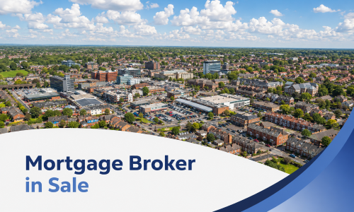 Promotional graphic for a mortgage broker in Sale, featuring a bright summer aerial view of a suburban town centre with shops, offices, homes, and tree-lined streets under a blue sky with large white clouds. A white curved banner spans the bottom with the title “Mortgage Broker in Sale” in two blue brand tones, alongside layered blue swoosh accents on the right.