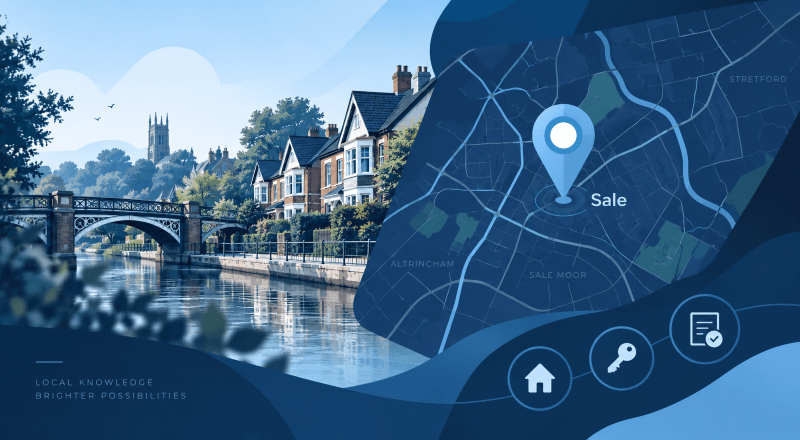 Mortgage Broker in Sale location map with residential homes, local streets and property icons in Connect Experts brand colours.