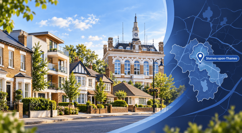 Mortgage Broker in Staines-Upon-Thames hero image showing a Surrey street scene with mixed property types, a local landmark, and a branded location map with pin icon.