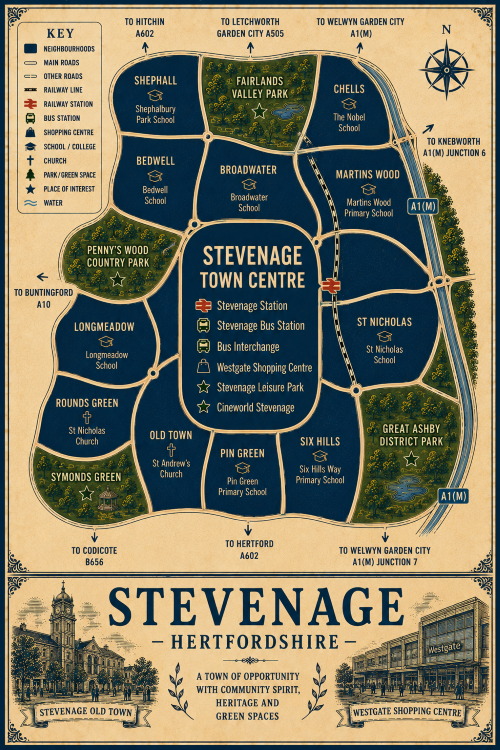 Vintage illustrated map poster of Stevenage, Hertfordshire, with a cream parchment background and dark navy neighbourhood areas centred on Stevenage Town Centre. The map shows labelled roads, railway line, Stevenage Station, Stevenage Bus Station, bus interchange, shopping centre, schools, churches, parks, green spaces and water features. Surrounding areas include Shephall, Bedwell, Broadwater, Chells, Martins Wood, St Nicholas, Six Hills, Pin Green, Old Town, Longmeadow and Symonds Green. Key landmarks include Westgate Shopping Centre, Stevenage Leisure Park, Cineworld Stevenage, Stevenage Old Town, Fairlands Valley Park, Penny’s Wood Country Park and Great Ashby District Park. A decorative lower panel reads “STEVENAGE, HERTFORDSHIRE” with engraved-style illustrations of Stevenage Old Town and Westgate Shopping Centre, plus the subtitle “A town of opportunity with community spirit, heritage and green spaces.”
