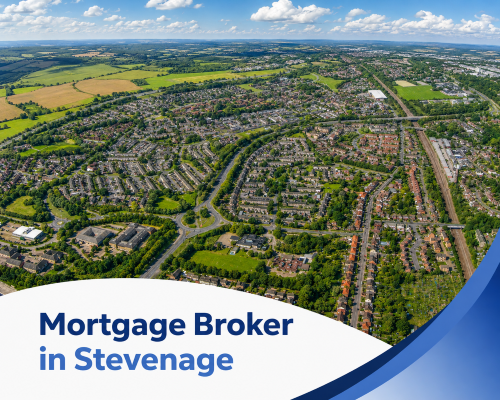 Promotional graphic for a mortgage broker in Stevenage, featuring a bright summer aerial view of the town with residential neighbourhoods, roads and green spaces under a blue sky with realistic clouds. A curved white banner overlays the lower part of the image, with the title “Mortgage Broker in Stevenage” shown in two branded blue tones, alongside sweeping blue accent shapes on the right.