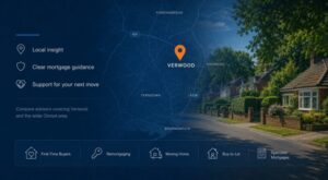 Mortgage Broker in Verwood BH31 | Find an Adviser - local Verwood map with location pin, Dorset residential street and mortgage guidance icons.