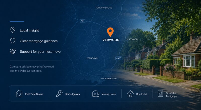 Mortgage Broker in Verwood BH31 | Find an Adviser - local Verwood map with location pin, Dorset residential street and mortgage guidance icons.