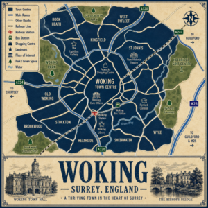 Vintage illustrated map poster of Woking, Surrey, with a cream parchment background and dark navy neighbourhood areas centred on Woking Town Centre. The map shows labelled roads, railway line, Woking Station, Woking Bus Station, parks, green spaces and the River Wey. Surrounding areas include Hook Heath, Goldsworth Park, West Byfleet, Kingfield, St John’s, Old Woking, Brookwood, Heathside, Sheerwater, Pyrford, Wyke and Mayford. Key landmarks include Woking Civic Offices, Peacocks Shopping Centre, New Victoria Theatre, The Lightbox Gallery, Woking Library, Pyrford College, Hoebridge Golf Centre, Woking Park, Pyrford Common and Brookwood Country Park. A decorative lower panel reads “WOKING, SURREY, ENGLAND” with engraved-style illustrations of Woking Town Hall and The Bishops Bridge, plus the subtitle “A thriving town in the heart of Surrey.”