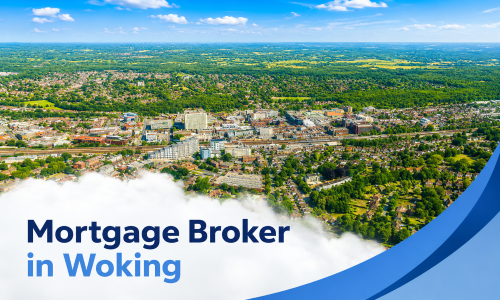 Promotional banner showing an aerial view of Woking on a bright summer’s day, with dense town buildings and surrounding greenery under a blue sky with realistic white clouds. A curved white panel overlays the lower left corner with the title “Mortgage Broker in Woking” in two branded blue tones, while layered blue graphic swooshes frame the right edge.
