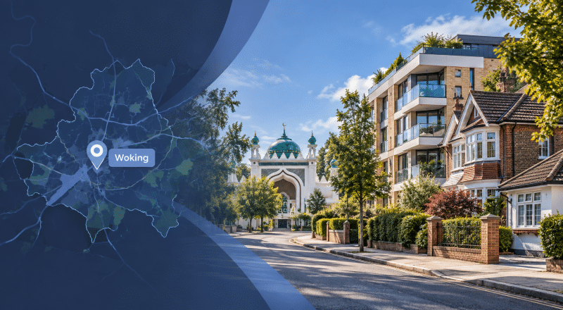 Mortgage Broker in Woking hero image featuring a Woking location map, location pin and local residential property types in Surrey.