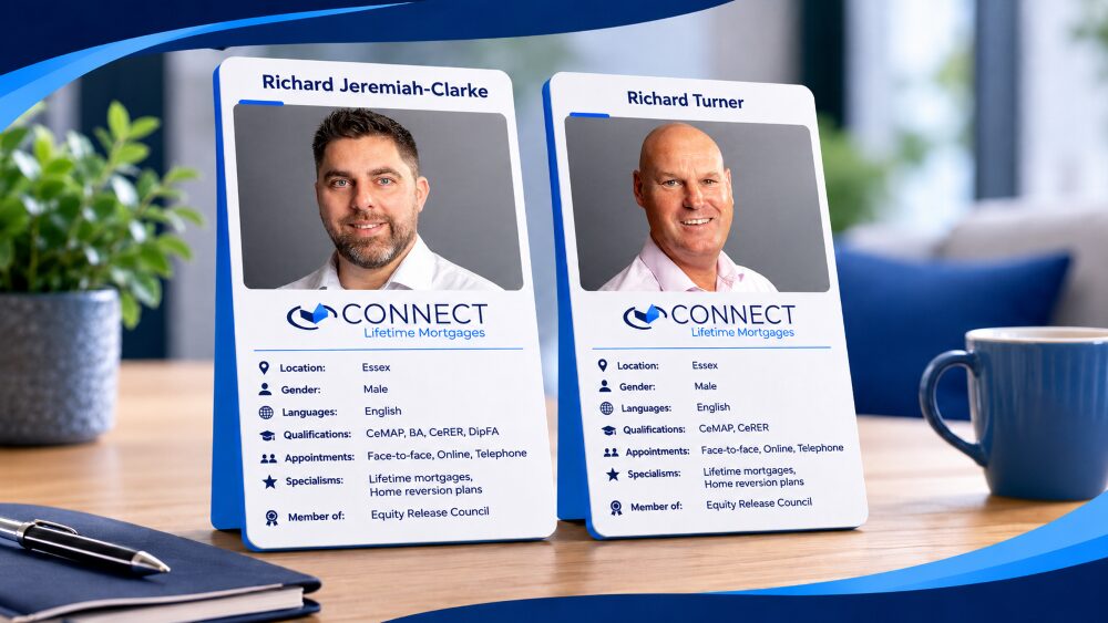 Broker profiles for Richard Jeremiah-Clarke and Richard Turner, Connect Lifetime Mortgages advisers in Essex, showing qualifications, specialisms and Equity Release Council membership.