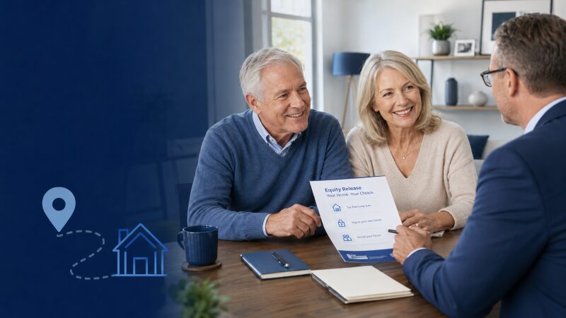 Equity Release Broker Near Me discussing later-life mortgage options with an older couple at home.