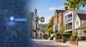 : Mortgage Advice in Guildford GU1 map graphic with location pin, Guildford high street, mixed property styles, and a local landmark in branded blue tones.