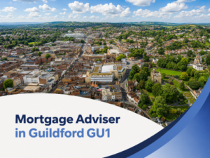 Promotional banner for a mortgage adviser in Guildford GU1, featuring a bright summer aerial view of Guildford with the town centre, surrounding homes, roads, and green spaces under a blue sky with realistic white clouds. A curved white panel overlays the lower part of the image with bold title text reading “Mortgage Adviser in Guildford GU1” in two branded blue tones, alongside layered blue graphic accents on the right.