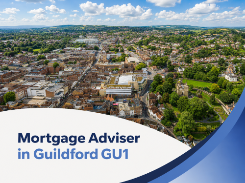 Promotional banner for a mortgage adviser in Guildford GU1, featuring a bright summer aerial view of Guildford with the town centre, surrounding homes, roads, and green spaces under a blue sky with realistic white clouds. A curved white panel overlays the lower part of the image with bold title text reading “Mortgage Adviser in Guildford GU1” in two branded blue tones, alongside layered blue graphic accents on the right.