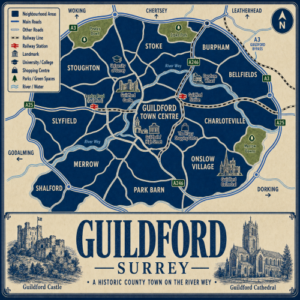 Vintage illustrated map poster of Guildford, Surrey, with a cream parchment background and dark navy neighbourhood areas centred on Guildford Town Centre. The map shows labelled roads, railway lines, Guildford Station, London Road station, parks, green spaces and the River Wey. Surrounding areas include Stoughton, Stoke, Burpham, Bellfields, Charlotteville, Onslow Village, Park Barn, Merrow, Shalford and Slyfield. Key landmarks include Guildford Castle, Guildford Cathedral, the University of Surrey, The Friary Shopping Centre, Dapdune Wharf, Stoke Park, Pewley Down and Merrow Downs. A decorative lower panel reads “GUILDFORD, SURREY” with engraved-style illustrations of Guildford Castle and Guildford Cathedral, plus the subtitle “A historic county town on the River Wey.”
