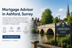Mortgage advisor in Ashford, Surrey hero image showing a local riverside scene with mortgage service icons for first-time buyers, remortgages, buy-to-let and specialist advice.