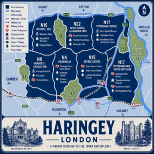 Illustrated blue and white vintage-style map poster of Haringey, London, showing postcode areas including N10 Muswell Hill, N22 Wood Green and Alexandra Park, N17 Tottenham Central, N8 Hornsey and Crouch End, N4 Harringay, N15 Seven Sisters, and Tottenham Hale and White Hart Lane. The map includes the A406 North Circular Road, A10, railway and Underground lines, stations such as Wood Green, Hornsey, Seven Sisters, Tottenham Hale, and Finsbury Park, plus parks and landmarks including Alexandra Palace, Bruce Castle Museum, Priory Park, Finsbury Park, Tottenham Green, Alexandra Park, Bruce Castle Park, and the Lee Valley. A large title panel at the bottom reads “HARINGEY LONDON” with decorative illustrations of Alexandra Palace and Bruce Castle.