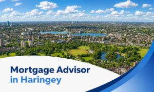 Mortgage Advisor in Haringey banner showing a bright summer aerial view of a large green park with ponds, sports grounds, surrounding neighbourhoods, and distant city skyline beneath realistic fluffy clouds, with a white curved text panel, two-tone blue title, and blue wave graphics.