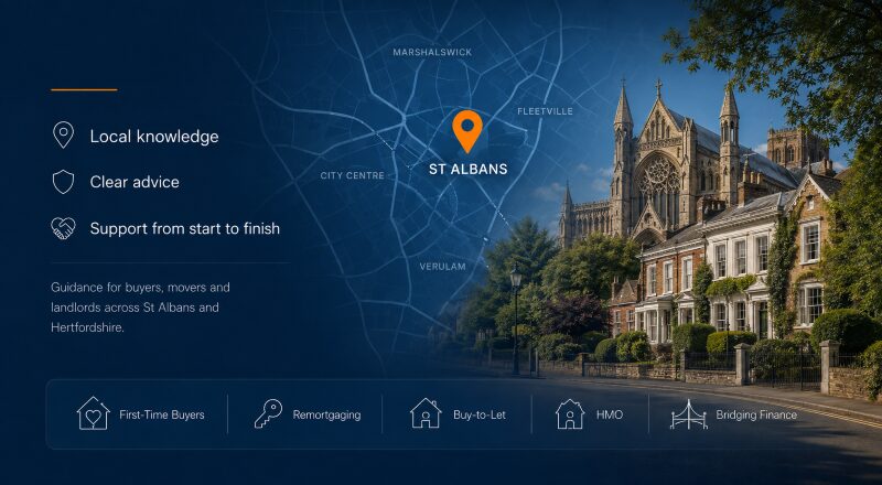Mortgage Advisor in St Albans hero image featuring a local St Albans map, location pin, cathedral landmark and mortgage advice icons.