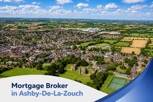 A bright, high-resolution aerial view of Ashby-de-la-Zouch on a clear summer’s day, showing a mix of residential housing, surrounding countryside, and a historic castle set within green parkland. The sky is blue with natural-looking scattered clouds, and a clean curved white and blue banner overlays the bottom with the text “Mortgage Broker in Ashby-De-La-Zouch.”