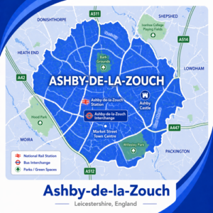 A square, blue-themed postcode map of Ashby-de-la-Zouch in Leicestershire, styled with curved branded borders. The map highlights the town area with key roads such as the A42, A511, A512, A447, and A514 labelled. Ashby-de-la-Zouch town centre is marked near the middle, with landmarks including Ashby Castle and the Bath Grounds. The River Mease runs along the eastern side. Nearby areas such as Moira, Packington, and Shepshed are labelled, with green spaces like Willesley Park and Hood Park shown in green. The design uses layered blue tones with white text and clean boundary lines for clarity.