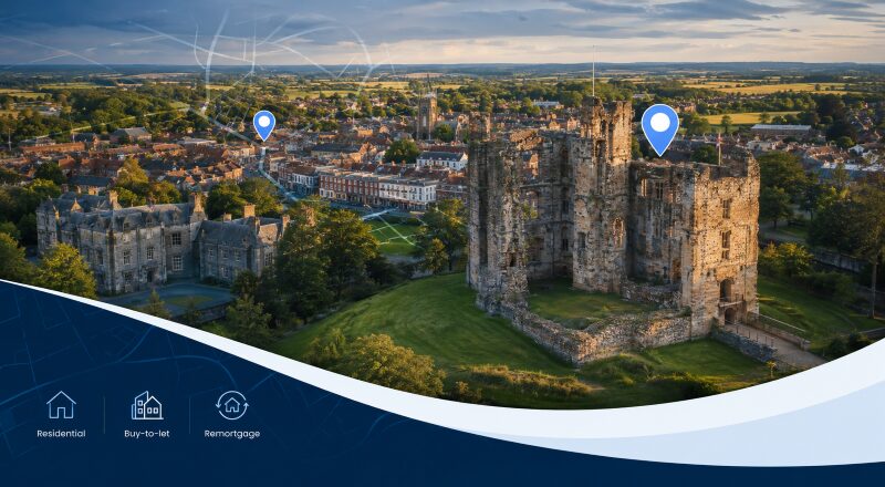 Mortgage Broker in Ashby-De-La-Zouch hero image featuring Ashby Castle, the historic market town, surrounding countryside, location pins, and mortgage service icons.