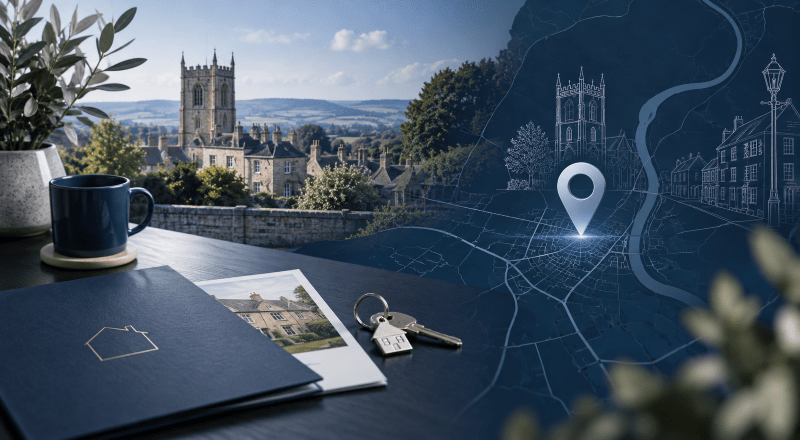Mortgage Broker in Berkeley location map with property keys, traditional Gloucestershire architecture and dark blue Connect Experts branding.