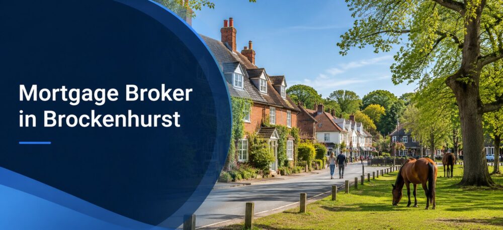 Mortgage Broker in Brockenhurst hero image showing a sunny New Forest village street, character homes, trees and horses with branded blue title overlay.